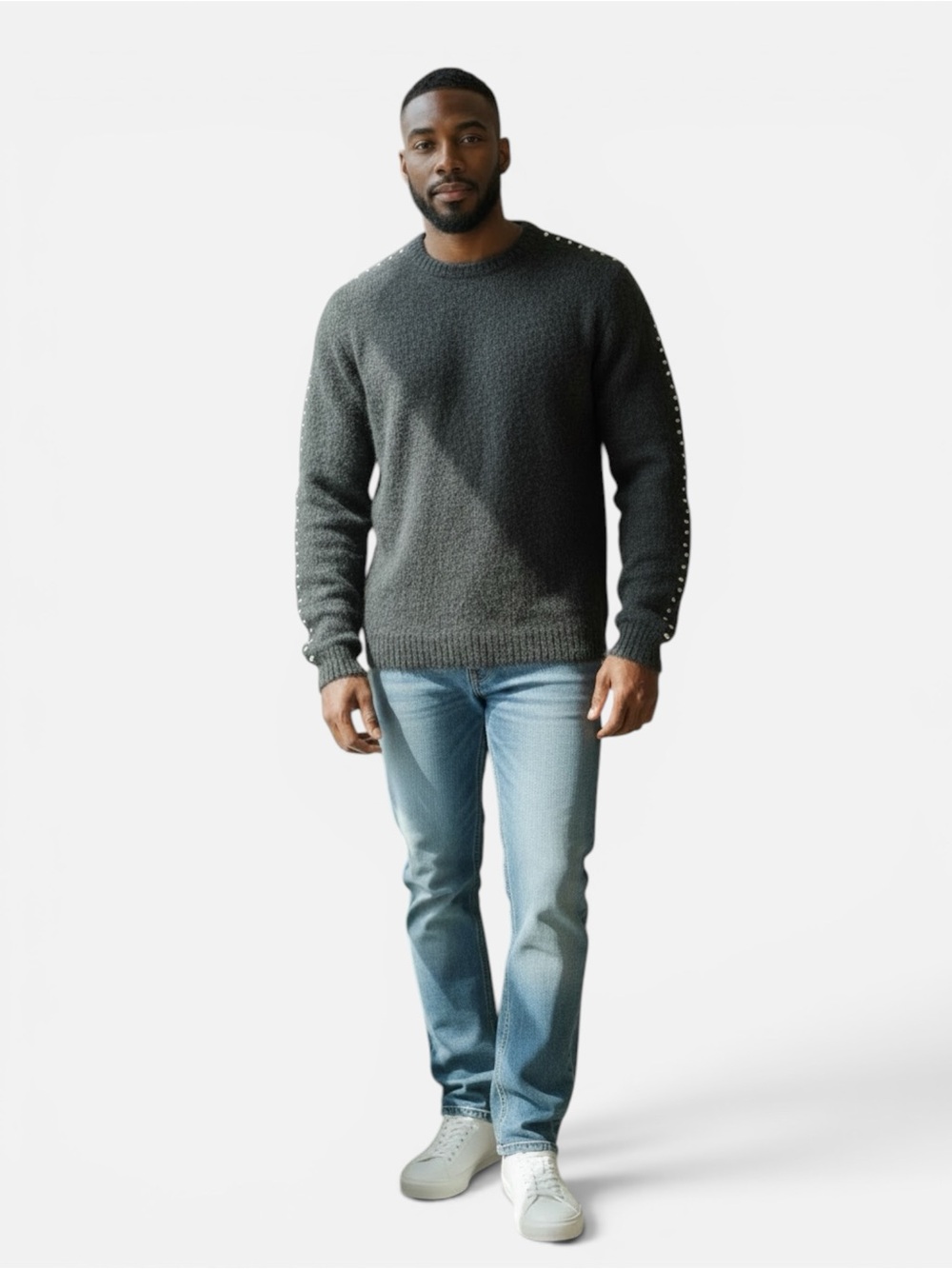 Men's washes black wool hand woven Crewneck Sweater - Classic Knit